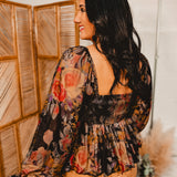 Floral Print Sweetheart Peplum top - Black