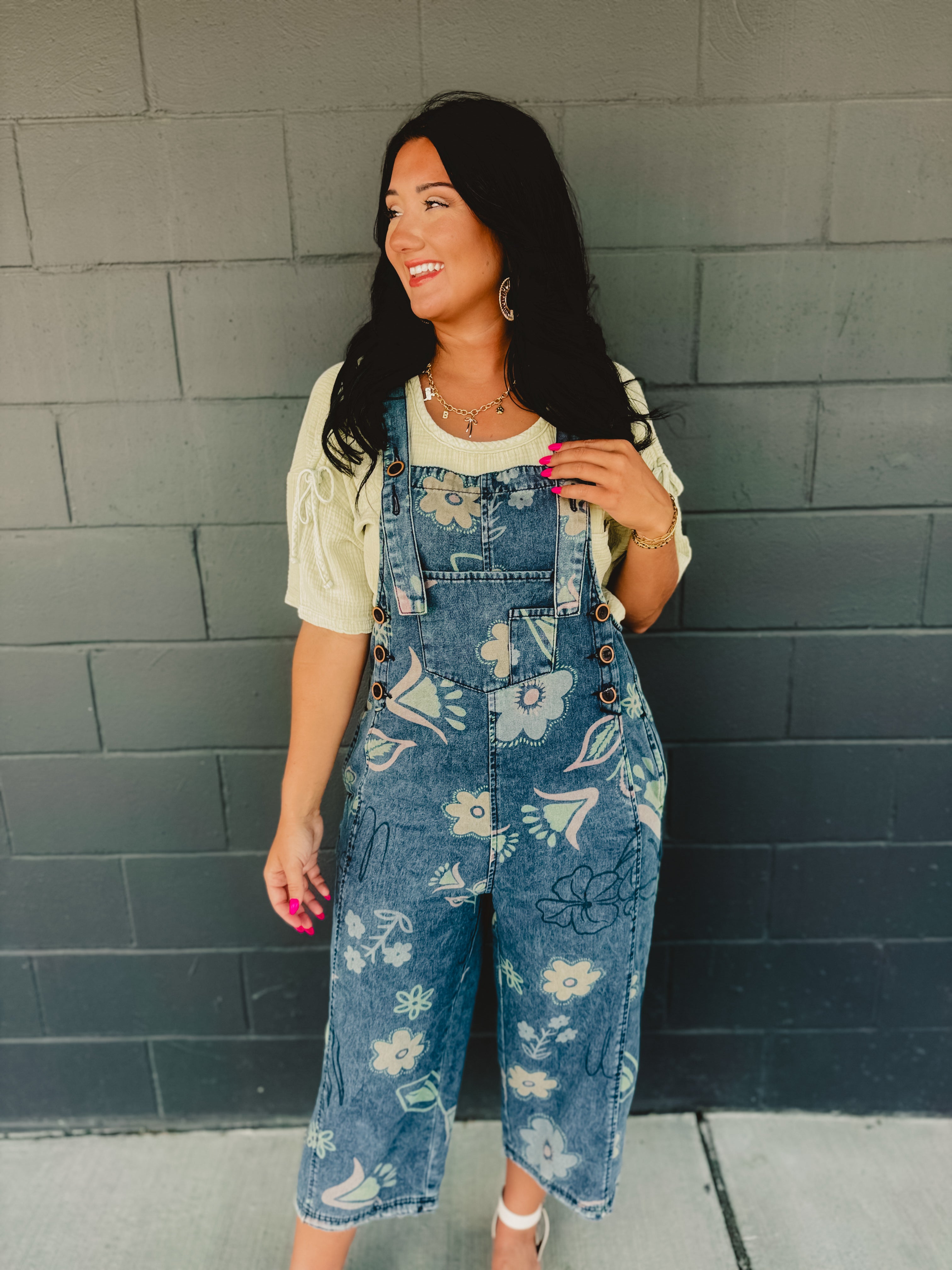 Flower Printed Oversized Washed Denim Overalls - Lace and Grace Boutique