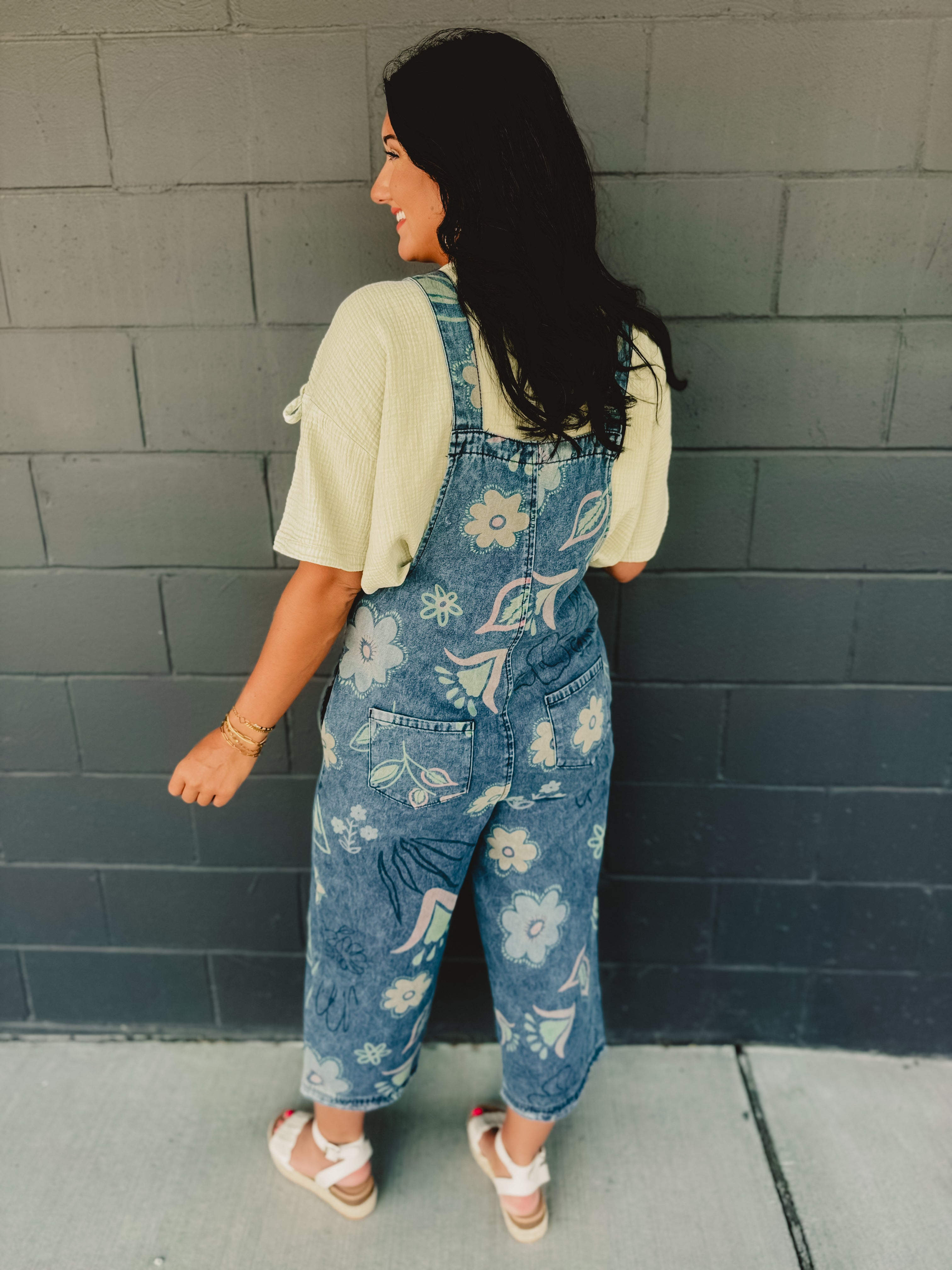 Flower Printed Oversized Washed Denim Overalls - Lace and Grace Boutique