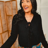 Front Tie-Up Textured Sweater Cardigan - Black