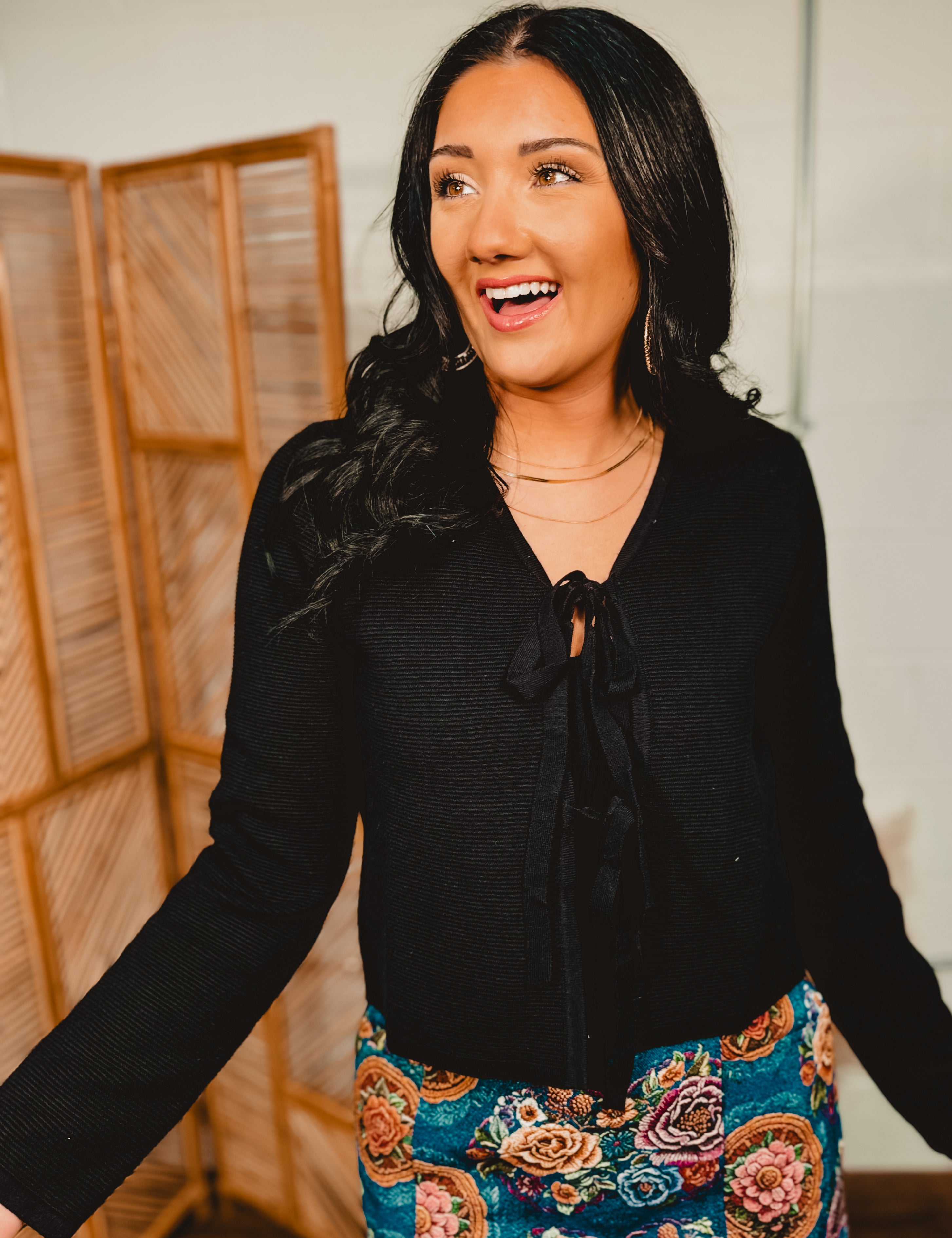 Front Tie-Up Textured Sweater Cardigan - Black - Lace and Grace Boutique