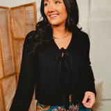 Front Tie-Up Textured Sweater Cardigan - Black