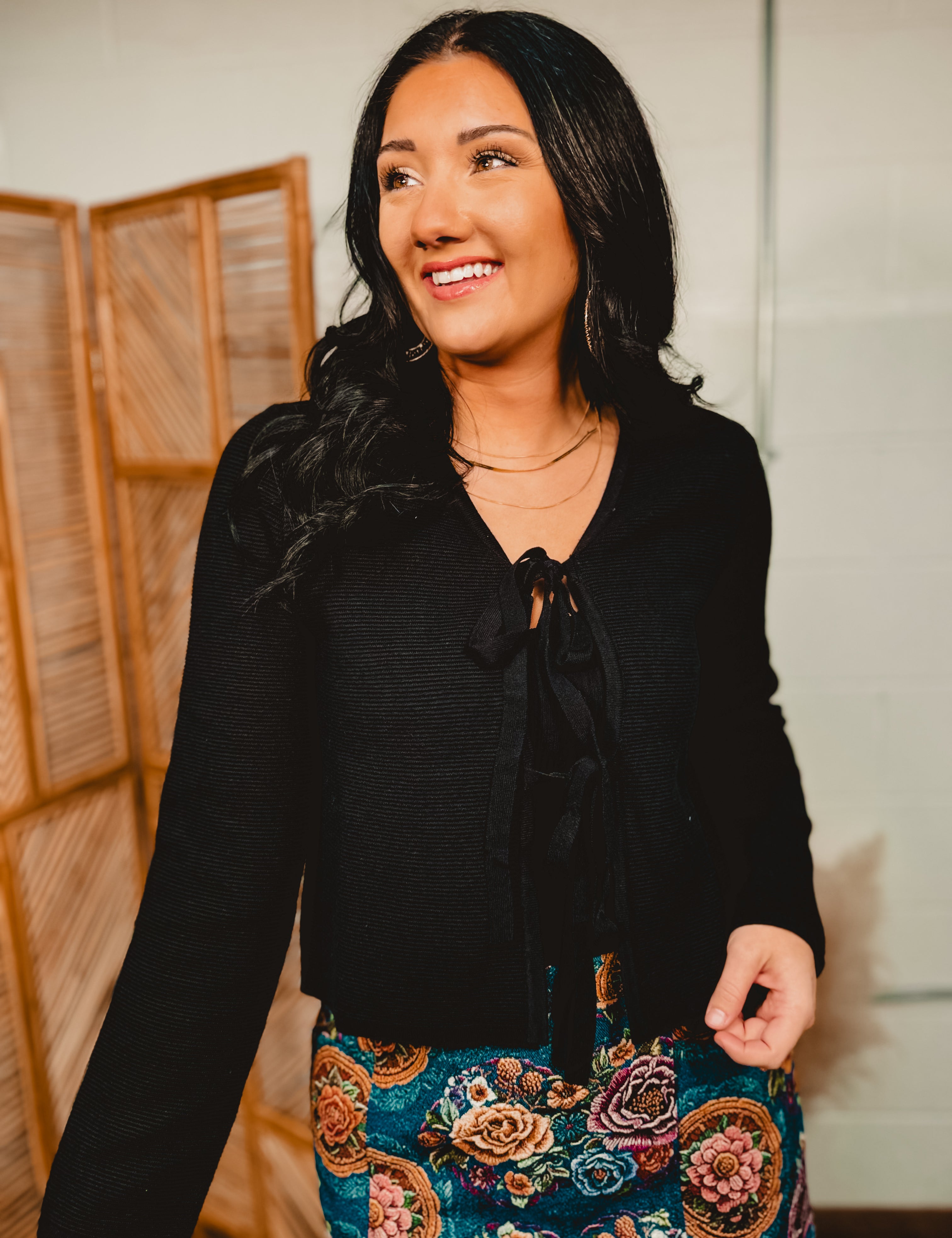 Front Tie-Up Textured Sweater Cardigan - Black - Lace and Grace Boutique