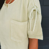 Ruched Shoulder Tie Gauze Top - Light Sage