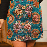 Floral Jacquard Tapestry Mini Skirt - Teal Blue