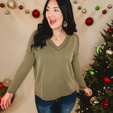 Corded Rib Knit Long Sleeve Top - Olive