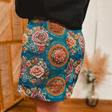 Floral Jacquard Tapestry Mini Skirt - Teal Blue
