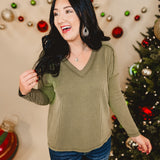 Corded Rib Knit Long Sleeve Top - Olive