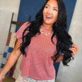 Striped Drop Shoulder Knit Tee - Red/White - Lace and Grace Boutique