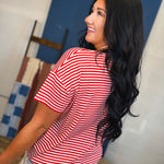 Striped Drop Shoulder Knit Tee - Red/White - Lace and Grace Boutique