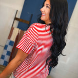 Striped Drop Shoulder Knit Tee - Red/White - Lace and Grace Boutique
