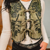 Front Tie Crochet Detail Suede Vest - Olive