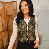 Front Tie Crochet Detail Suede Vest - Olive