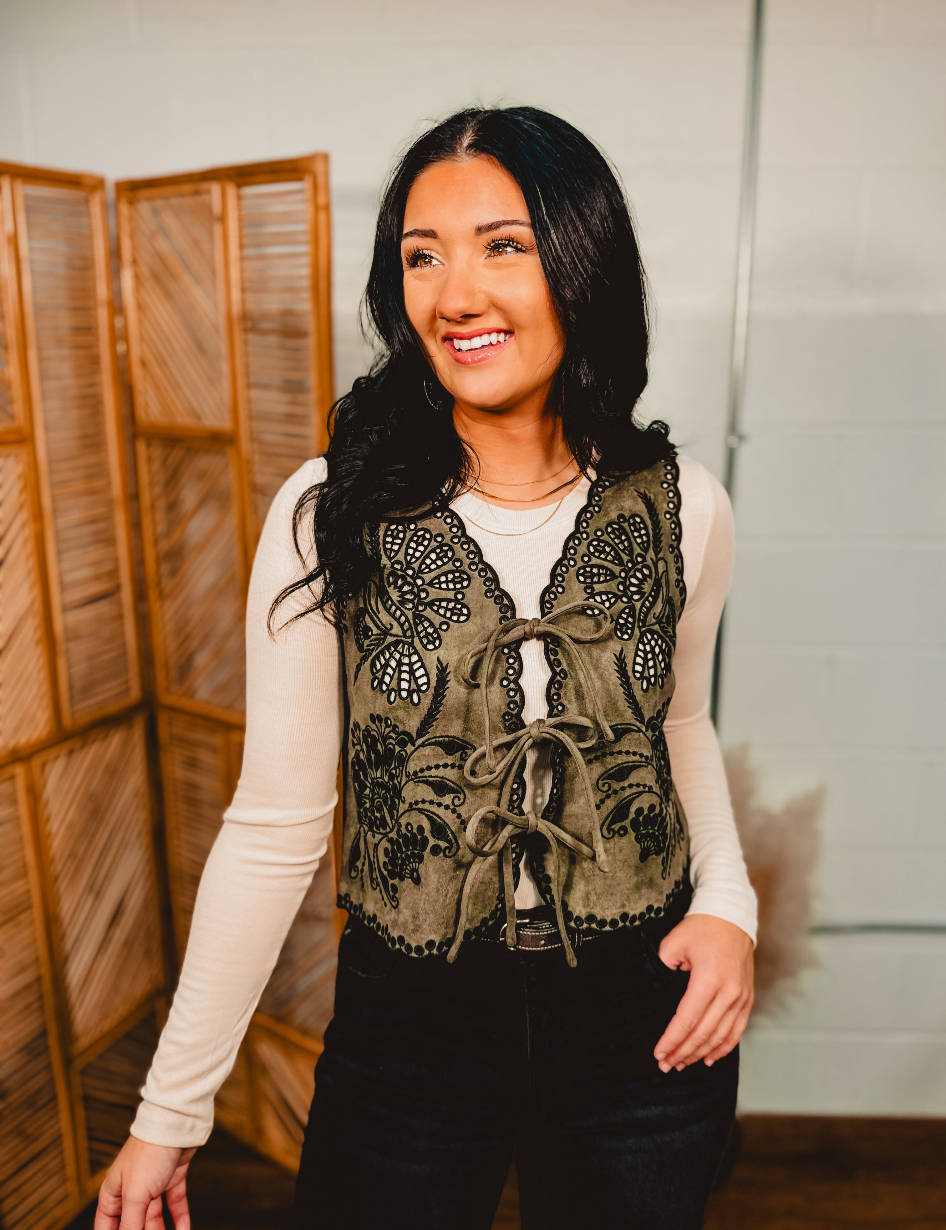 Front Tie Crochet Detail Suede Vest - Olive - Lace and Grace Boutique