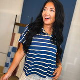 Striped Boxy V-Neck Knit Top - Navy/Cream - Lace and Grace Boutique
