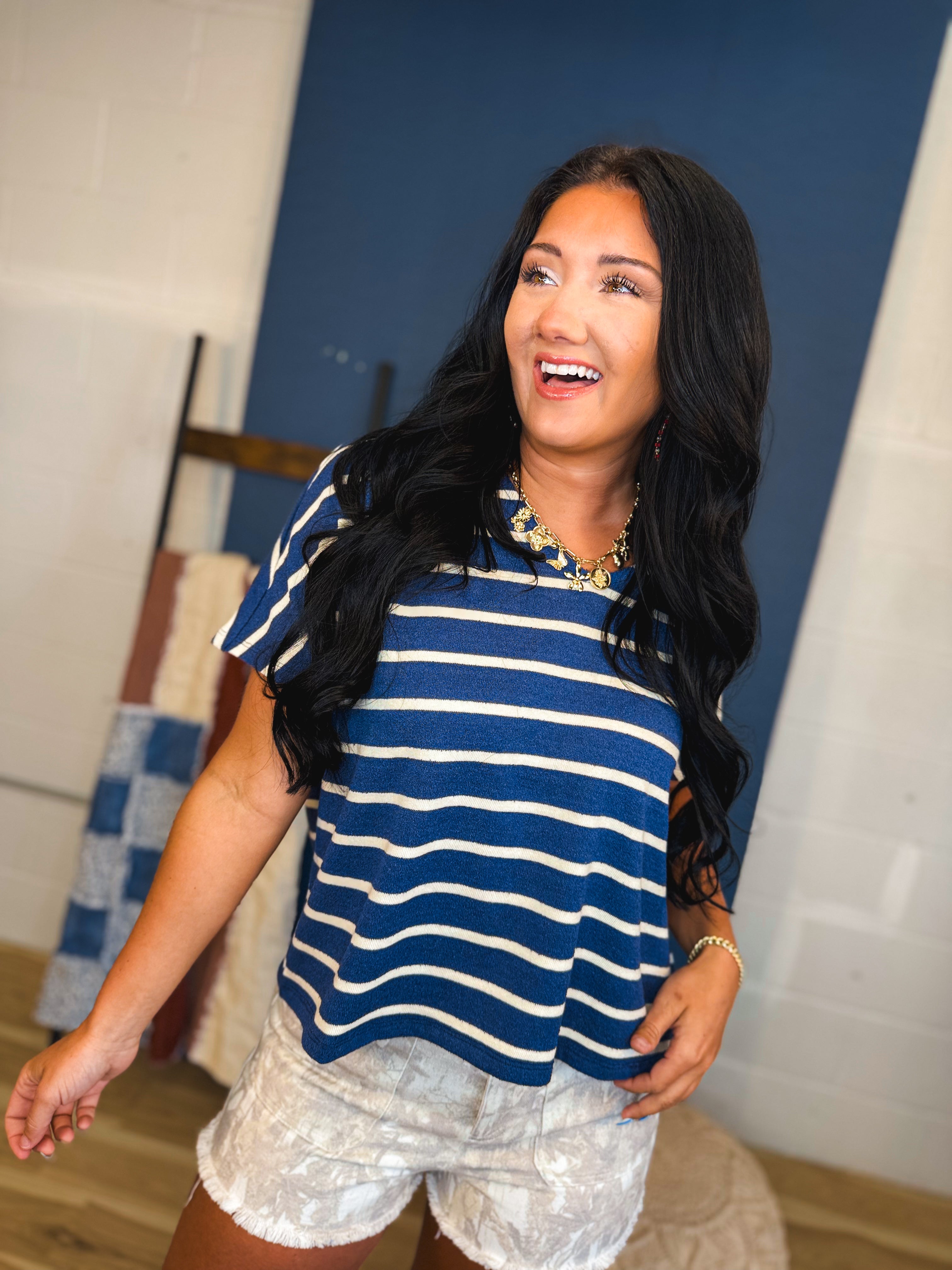 Striped Boxy V-Neck Knit Top - Navy/Cream - Lace and Grace Boutique