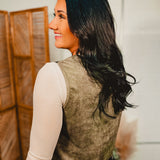 Front Tie Crochet Detail Suede Vest - Olive