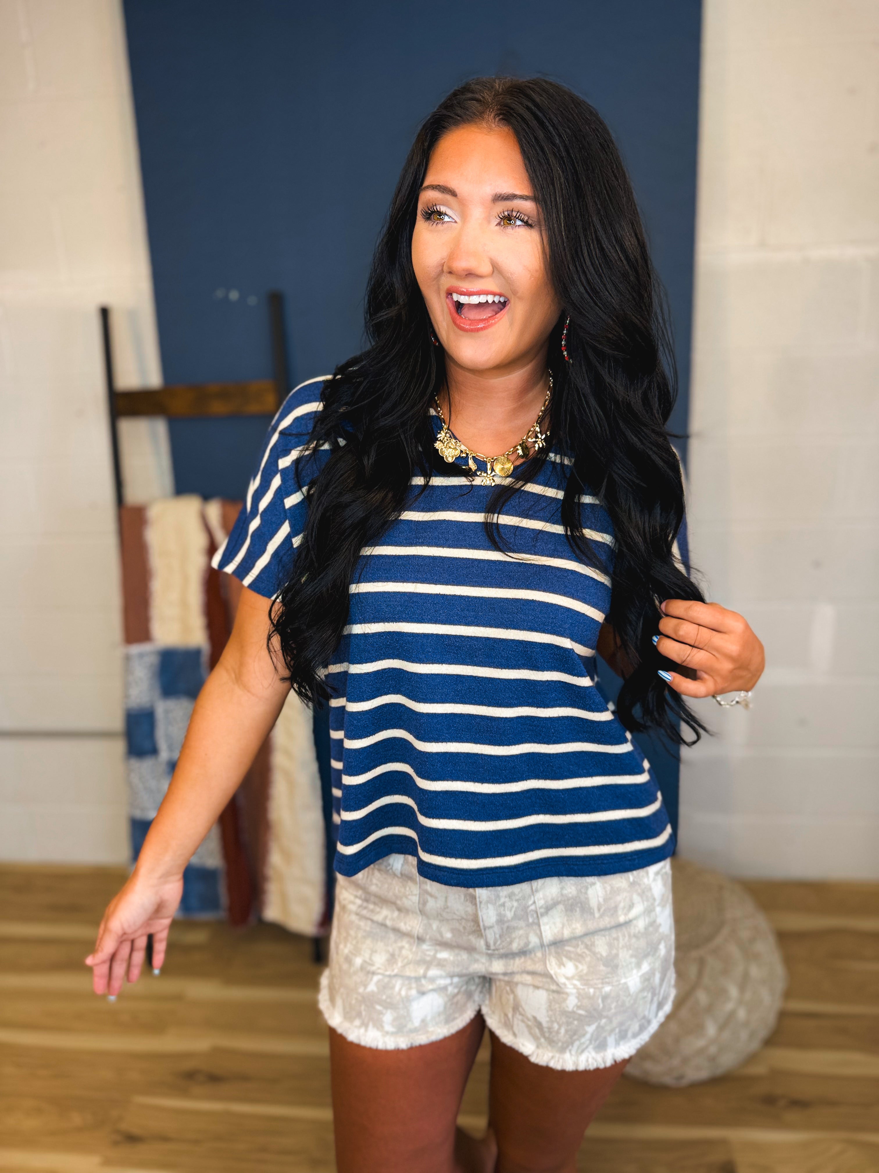 Striped Boxy V-Neck Knit Top - Navy/Cream - Lace and Grace Boutique