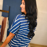 Striped Boxy V-Neck Knit Top - Navy/Cream - Lace and Grace Boutique
