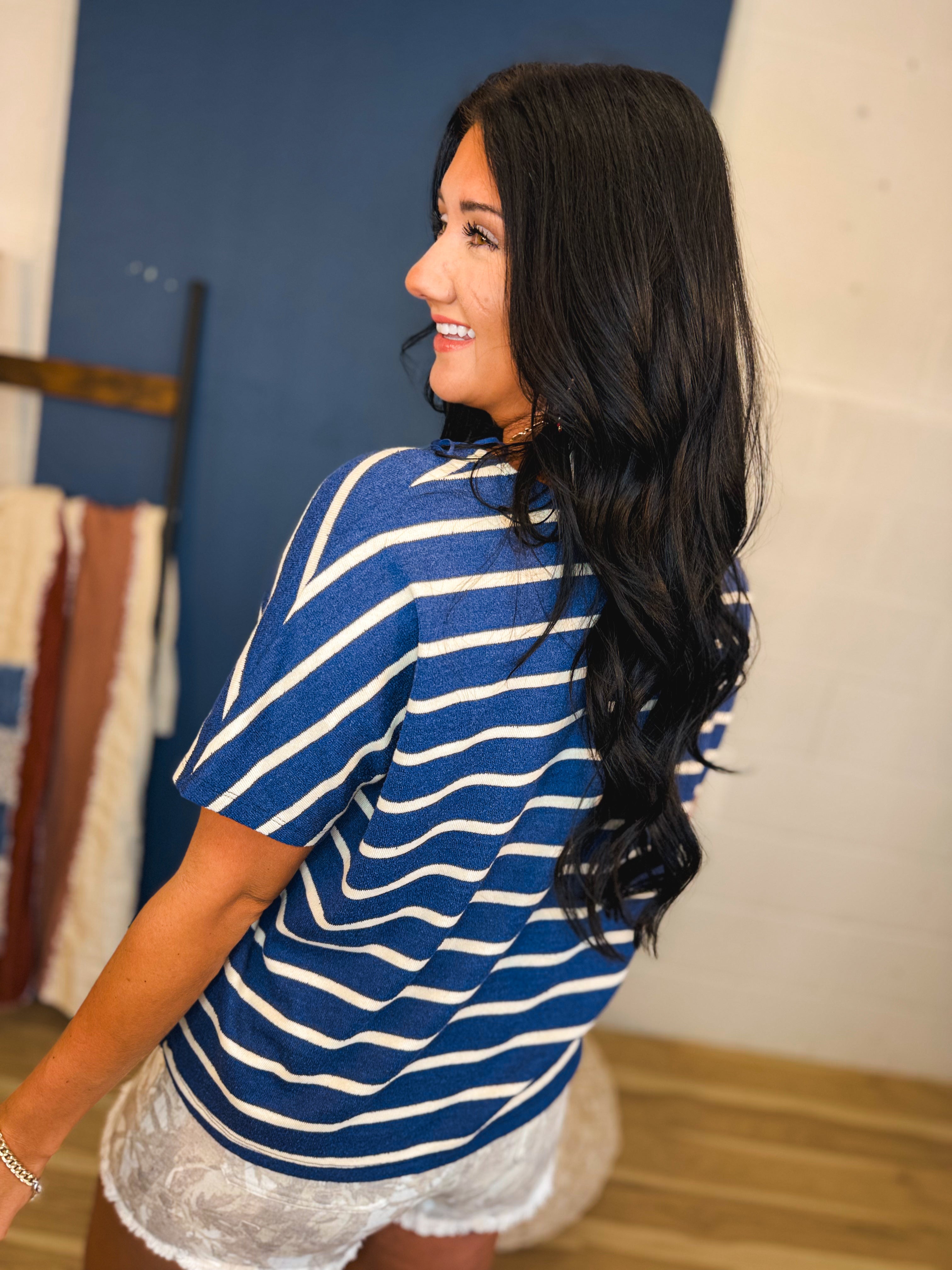 Striped Boxy V-Neck Knit Top - Navy/Cream - Lace and Grace Boutique