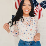 Patriotic Star Sheer Lace Long Sleeve Top - Cream Multi