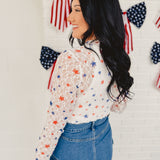 Patriotic Star Sheer Lace Long Sleeve Top - Cream Multi