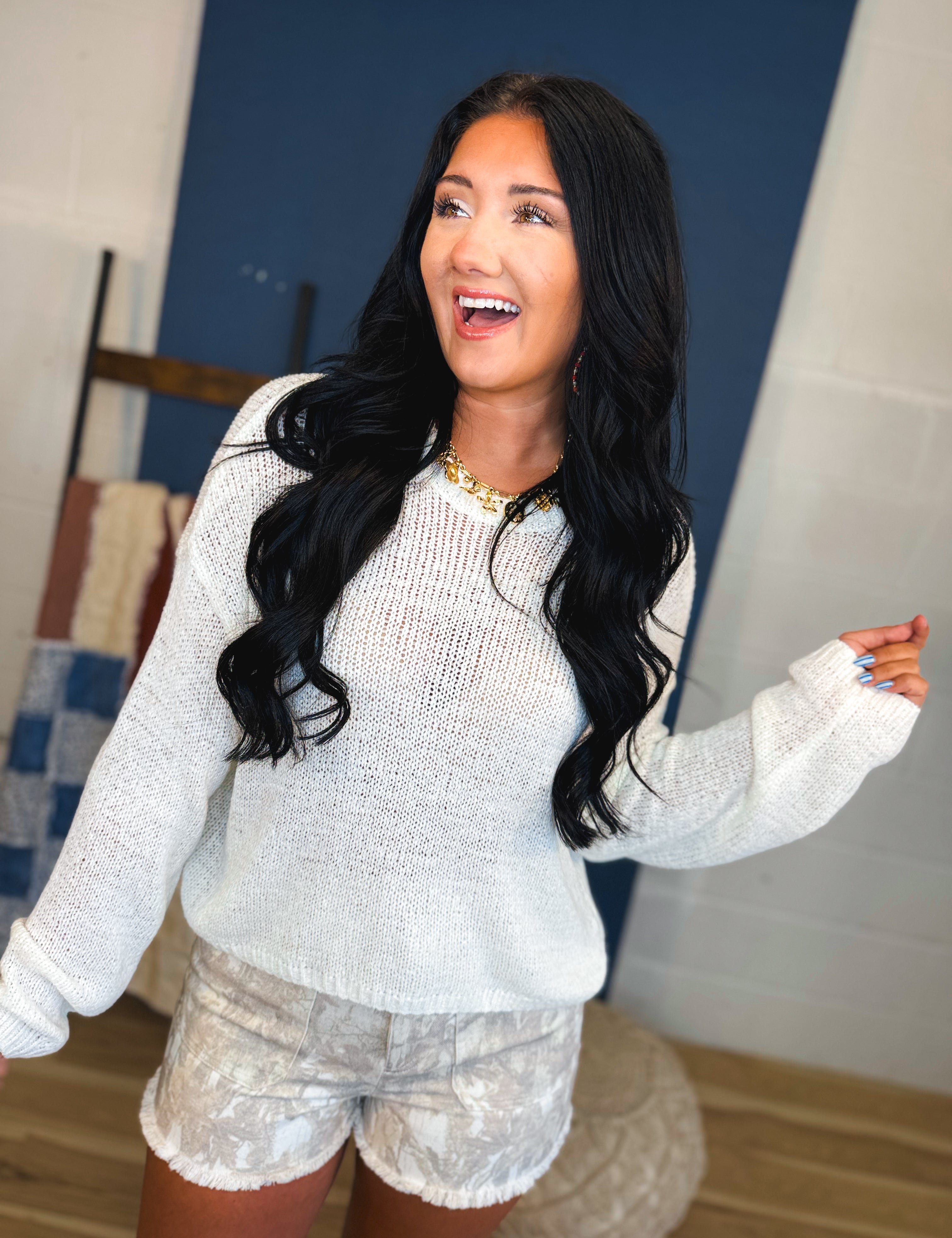 Long Sleeve Basic Crewneck Knit Top - White - Lace and Grace Boutique