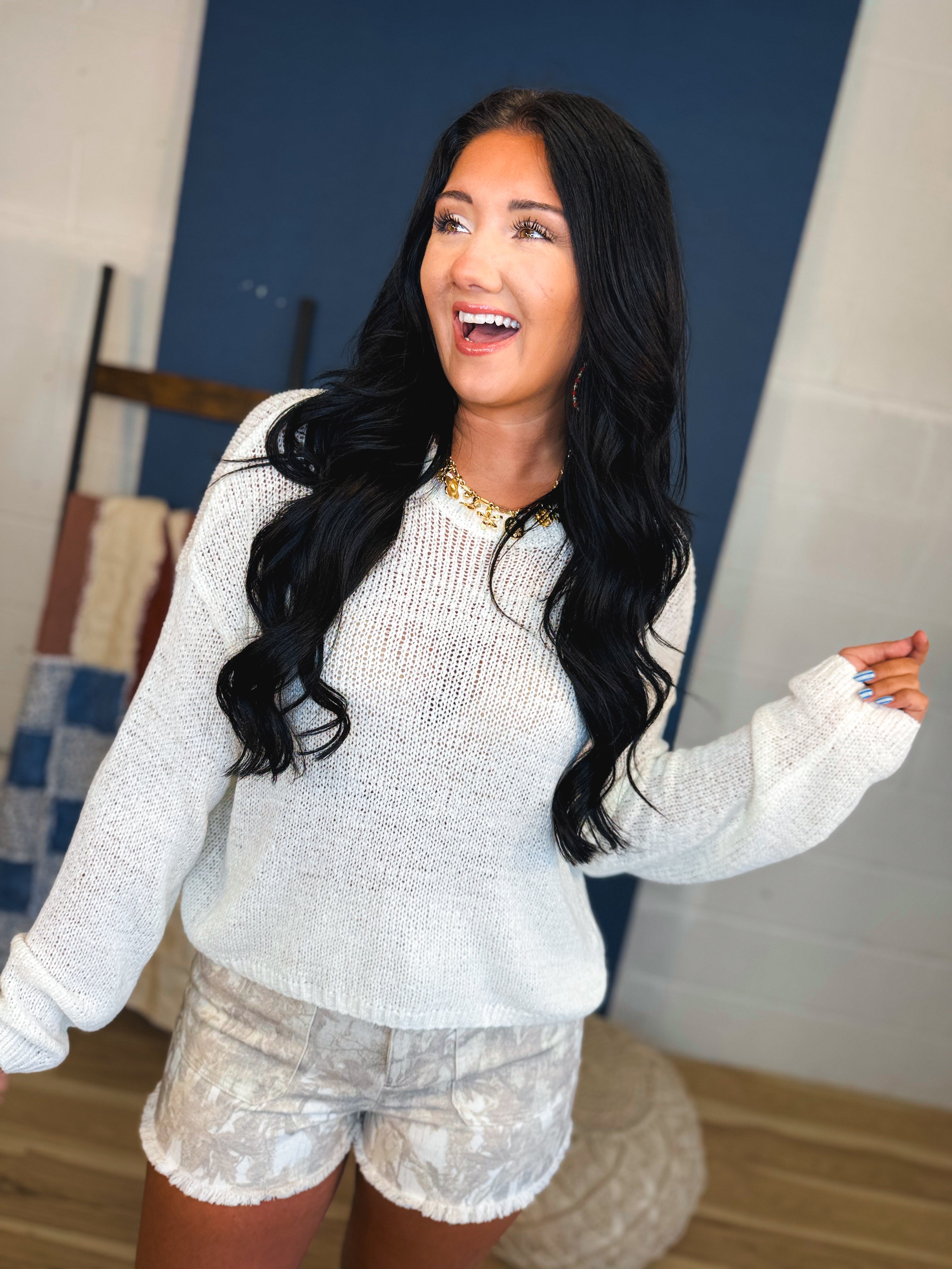 Long Sleeve Basic Crewneck Knit Top - White - Lace and Grace Boutique
