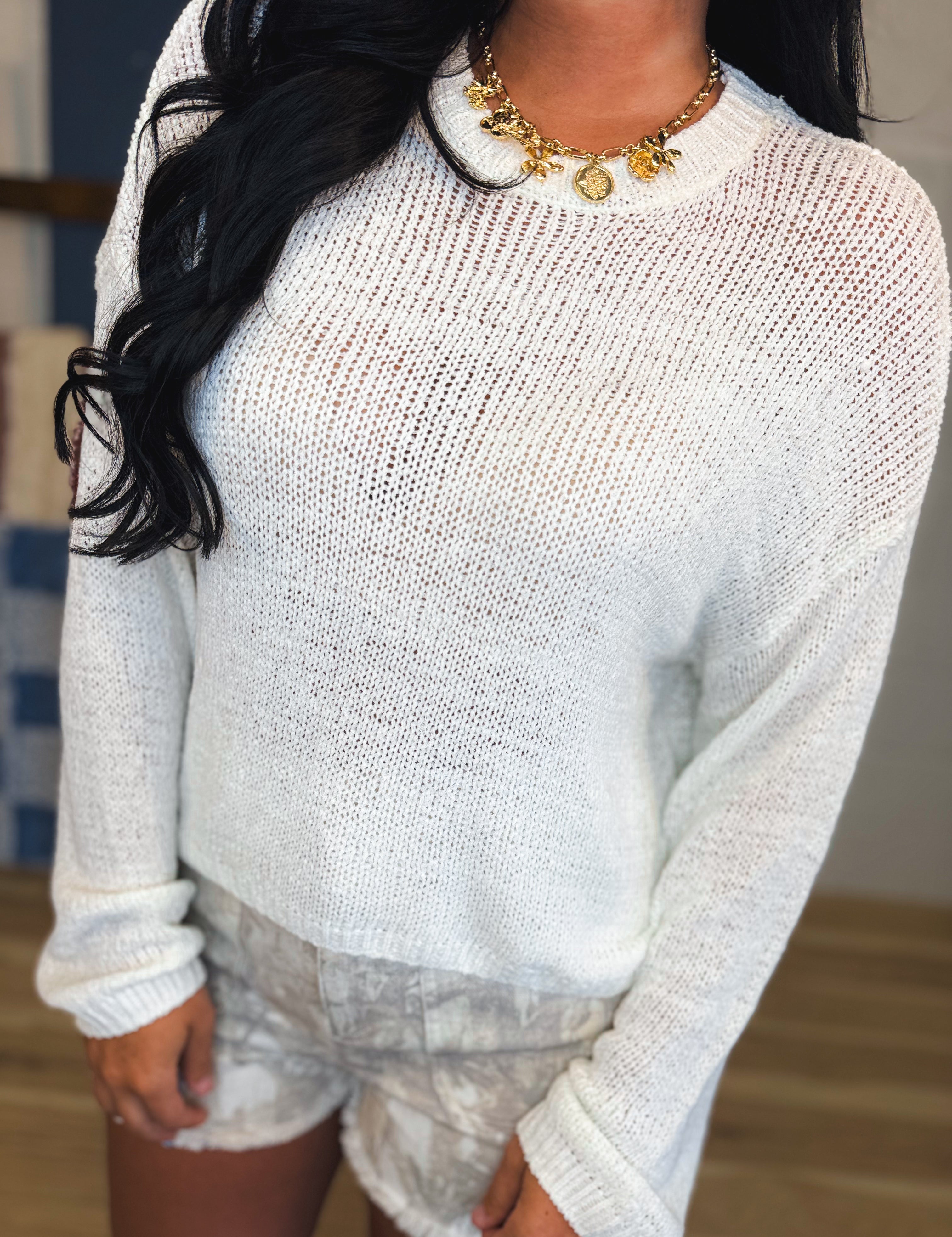 Long Sleeve Basic Crewneck Knit Top - White - Lace and Grace Boutique