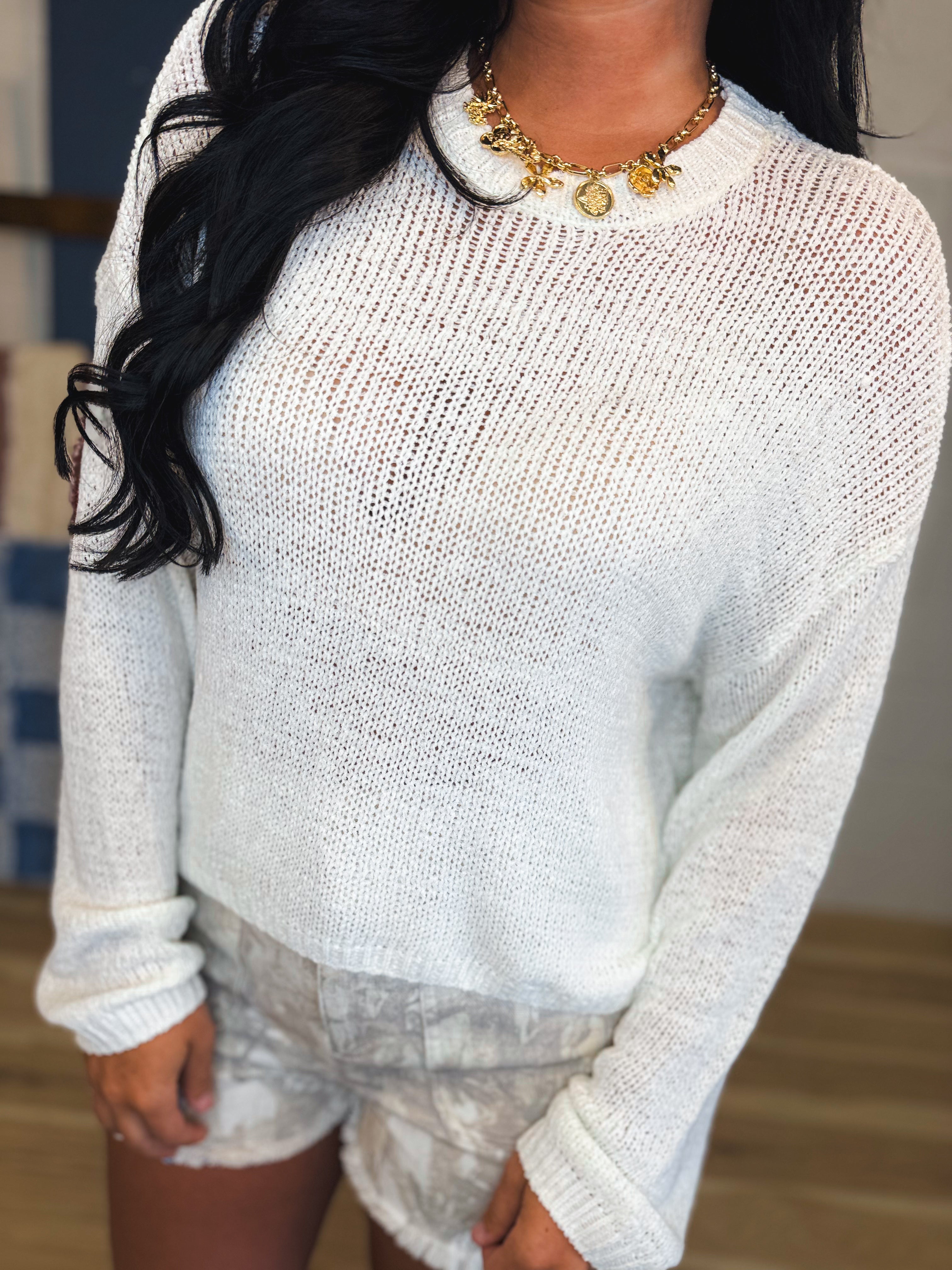 Long Sleeve Basic Crewneck Knit Top - White - Lace and Grace Boutique