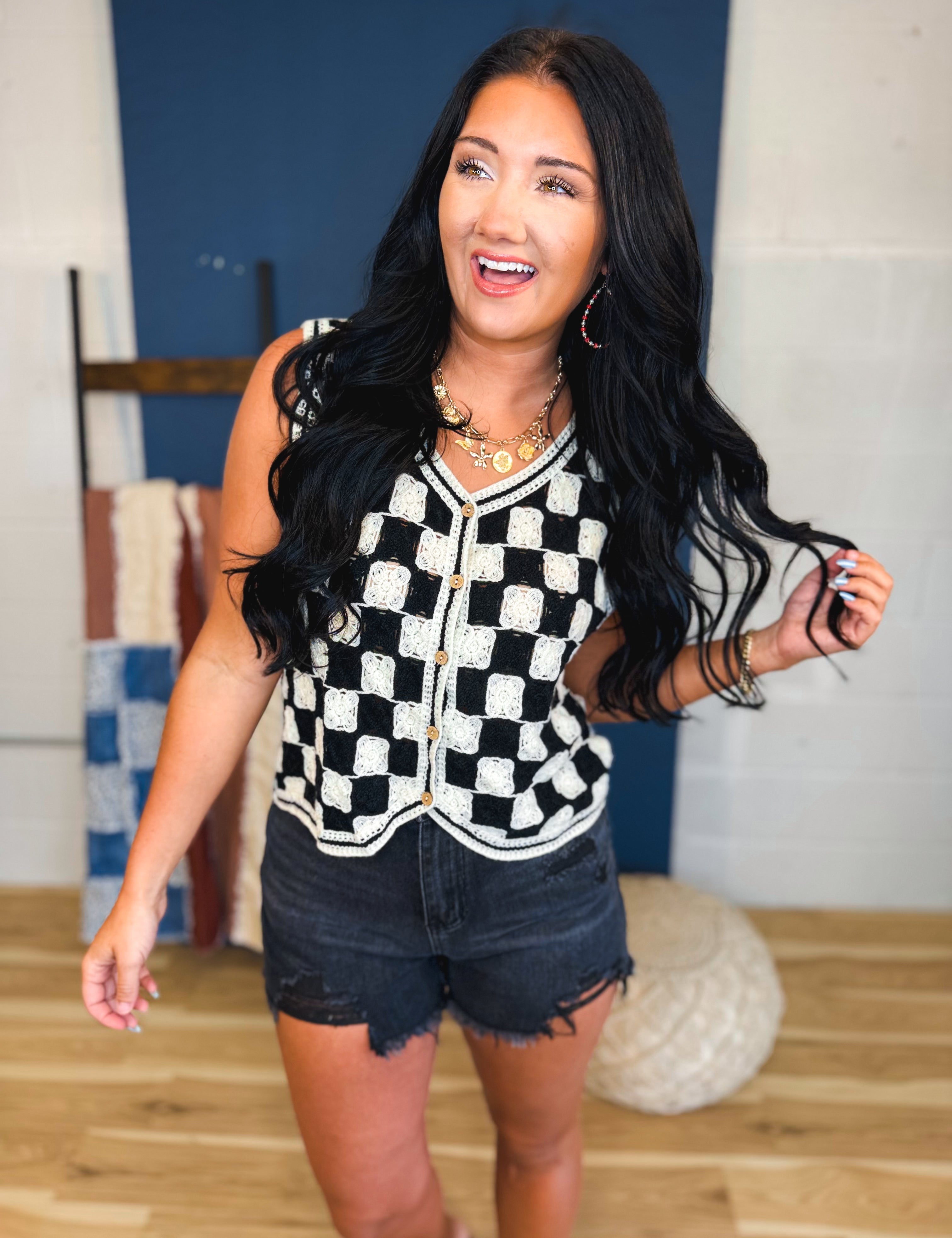 Checkered Crochet Sweater Vest - Black Combo - Lace and Grace Boutique