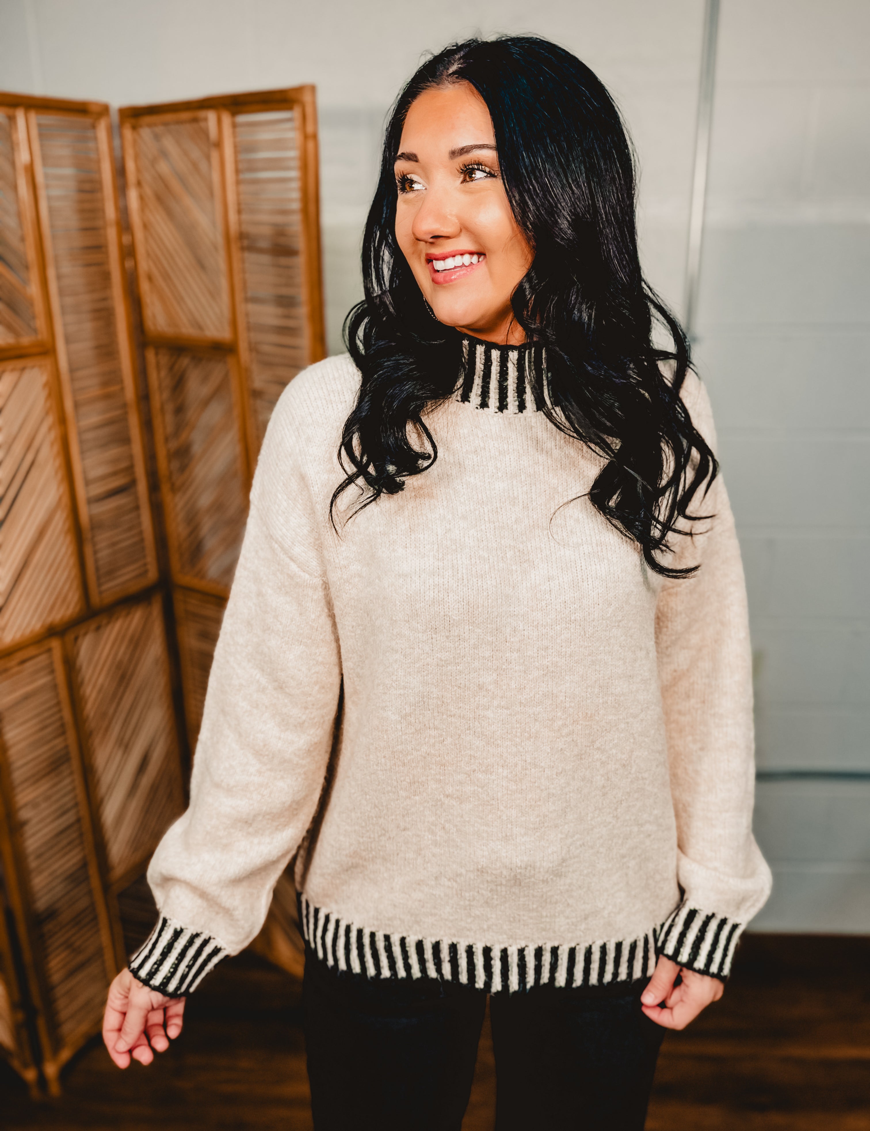Edge Accent Mock Neck Knit Sweater - Oatmeal - Lace and Grace Boutique