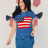 American Flag Open Stitch Sweater Top - Blue