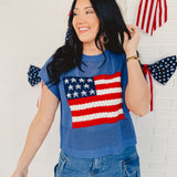 American Flag Open Stitch Sweater Top - Blue