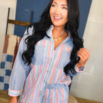 Striped Woven Button Up Top & Shorts Set - Red/Blue - Lace and Grace Boutique