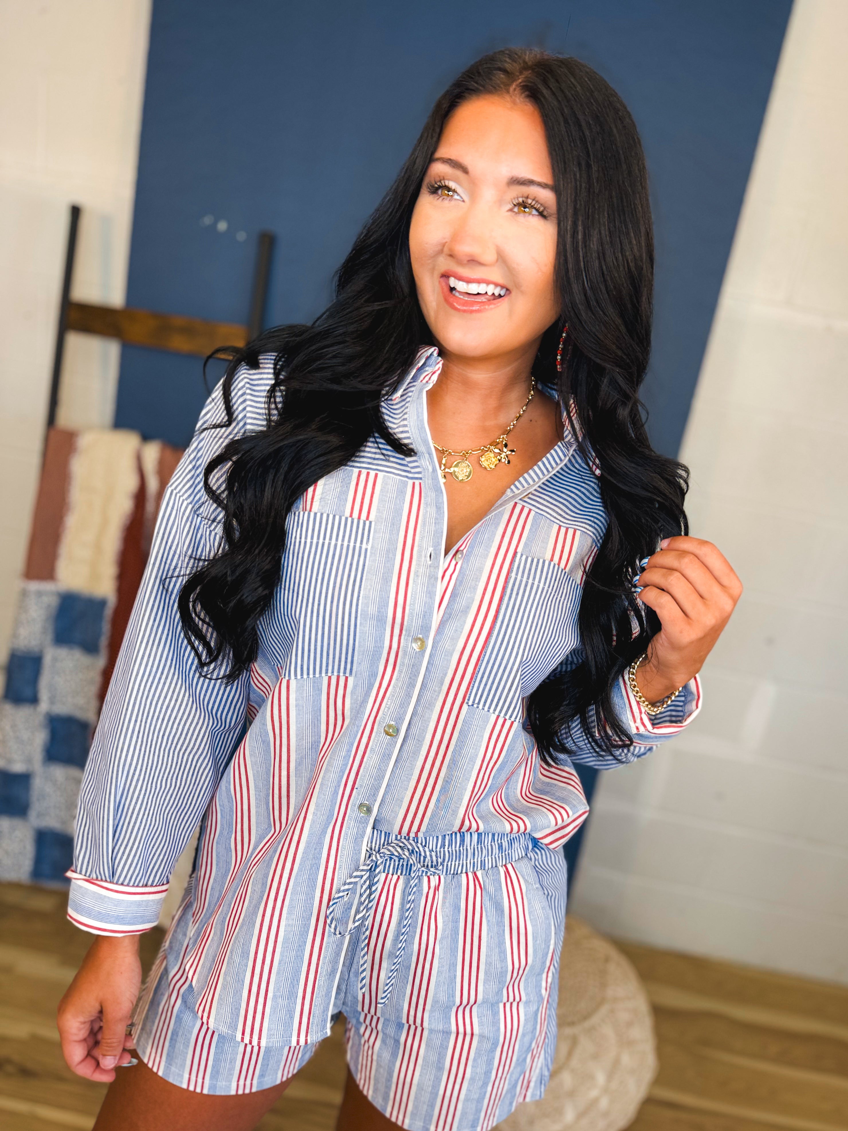 Striped Woven Button Up Top & Shorts Set - Red/Blue - Lace and Grace Boutique
