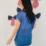 American Flag Open Stitch Sweater Top - Blue