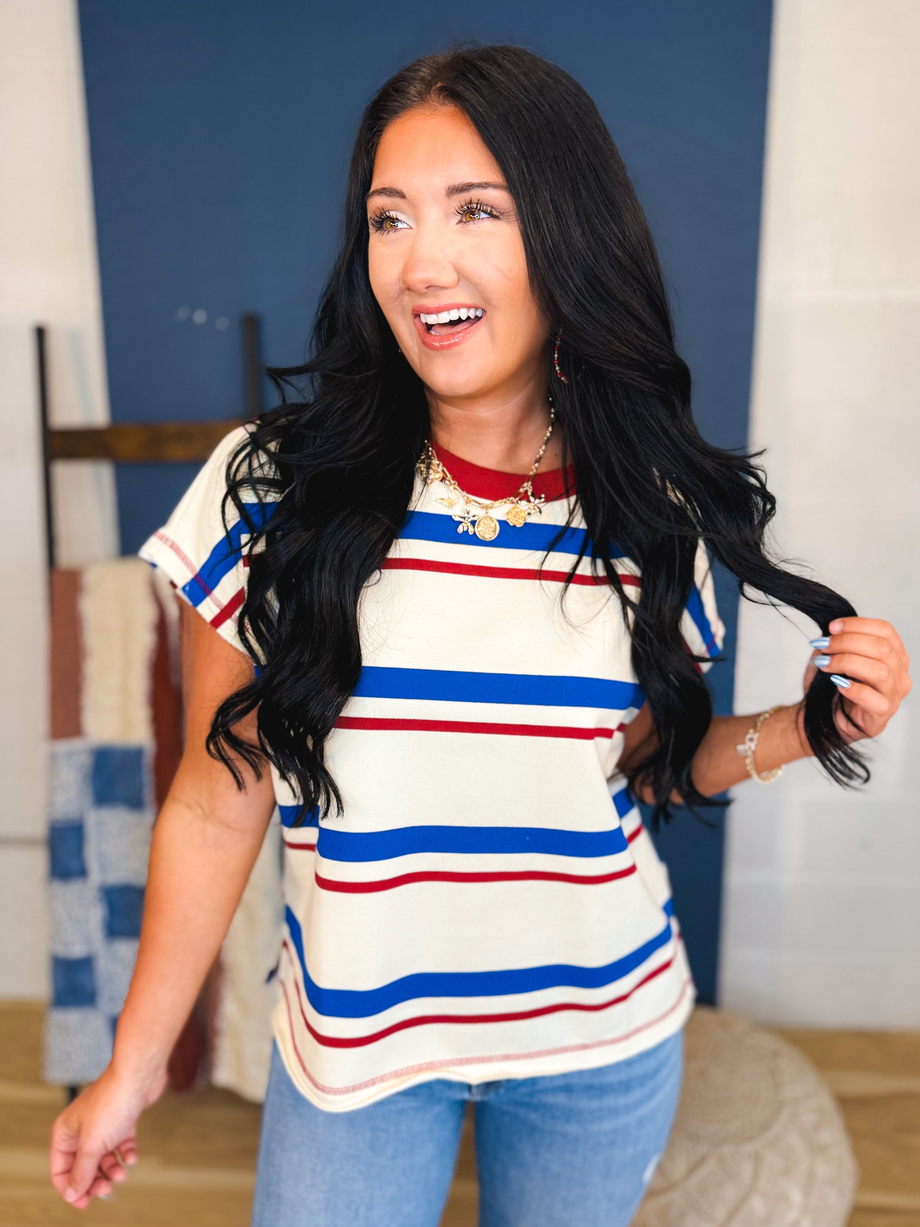 Multi Striped French Terry Pullover Top - Red/White/Blue - Lace and Grace Boutique