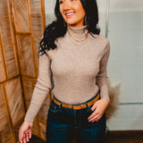 Mock Neck Ribbed Knit Top - Latte