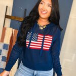 American Flag Open Stitch Knit Hoodie - Navy - Lace and Grace Boutique