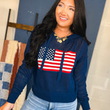 American Flag Open Stitch Knit Hoodie - Navy - Lace and Grace Boutique