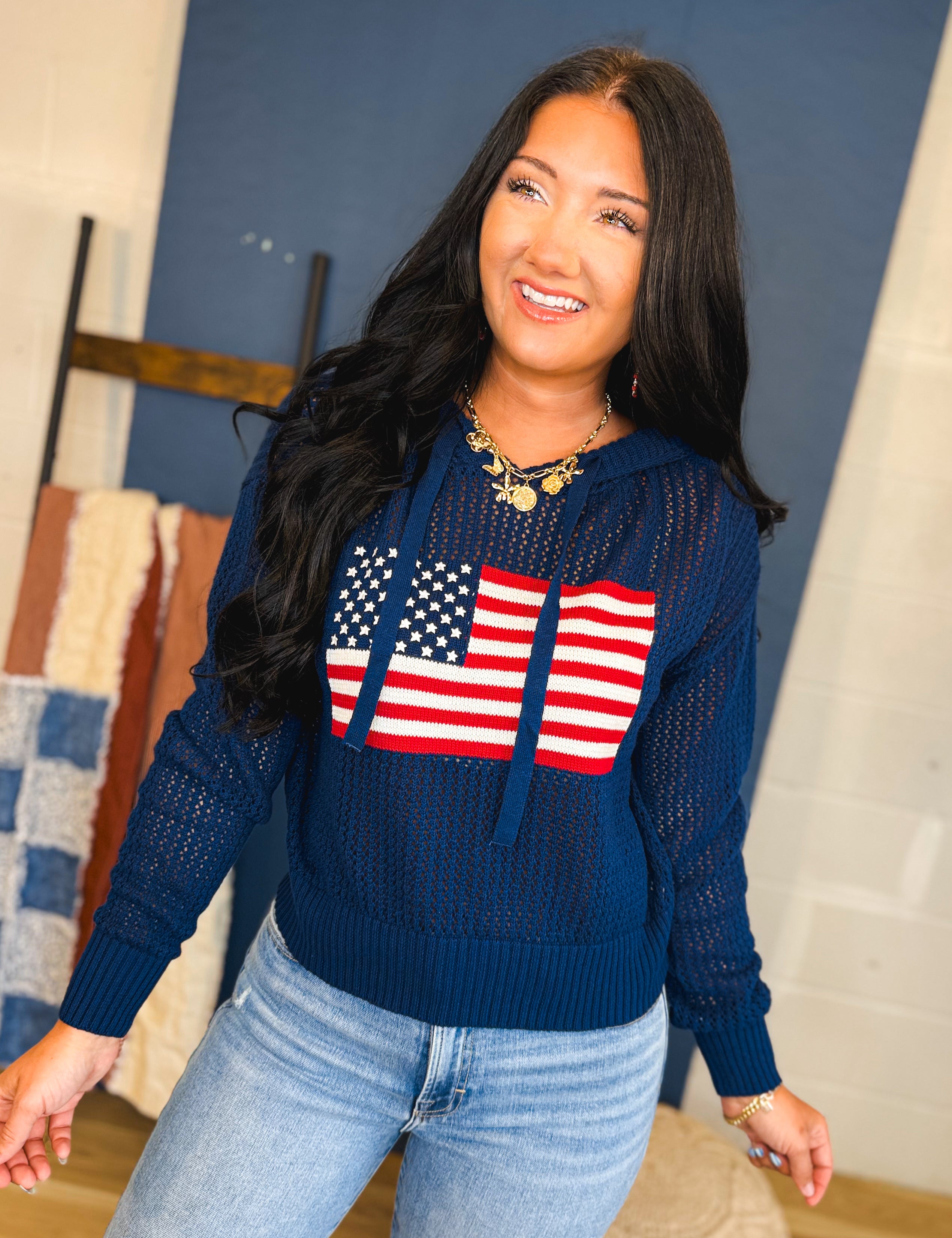 American Flag Open Stitch Knit Hoodie - Navy - Lace and Grace Boutique