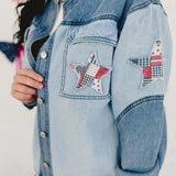 Star Patchwork Button Down Jacket Shirt - Denim