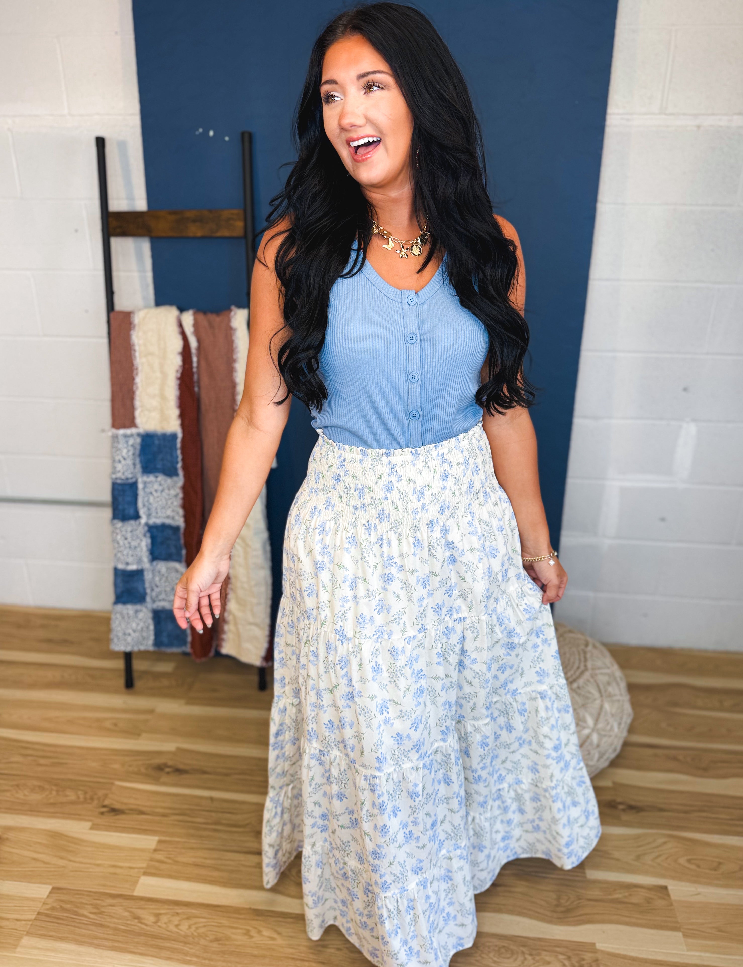 Floral Print Tiered Midi Skirt - Ivory/Blue - Lace and Grace Boutique
