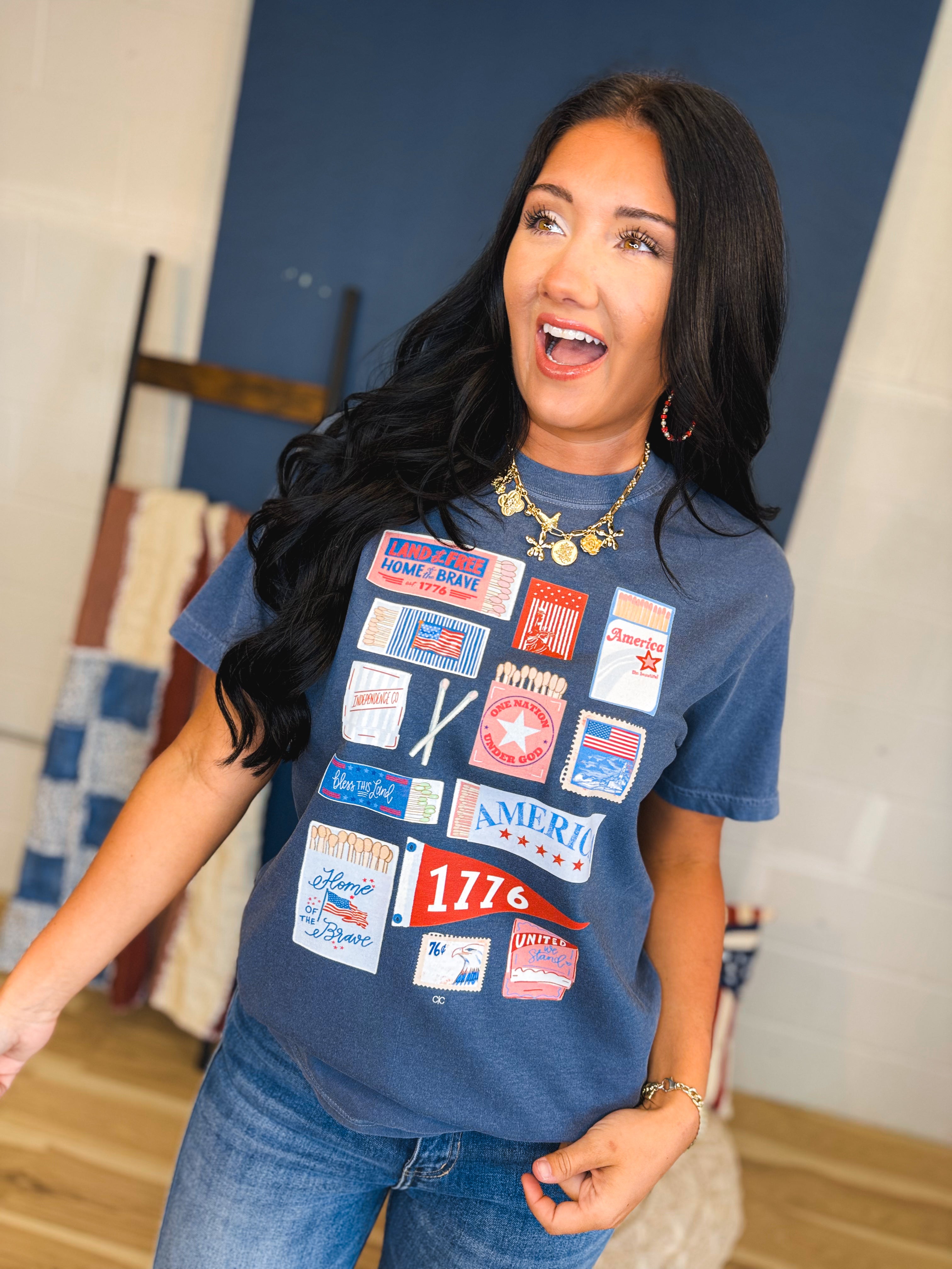 4th Of July Match Box Graphic Tee - Den Blue - Lace and Grace Boutique