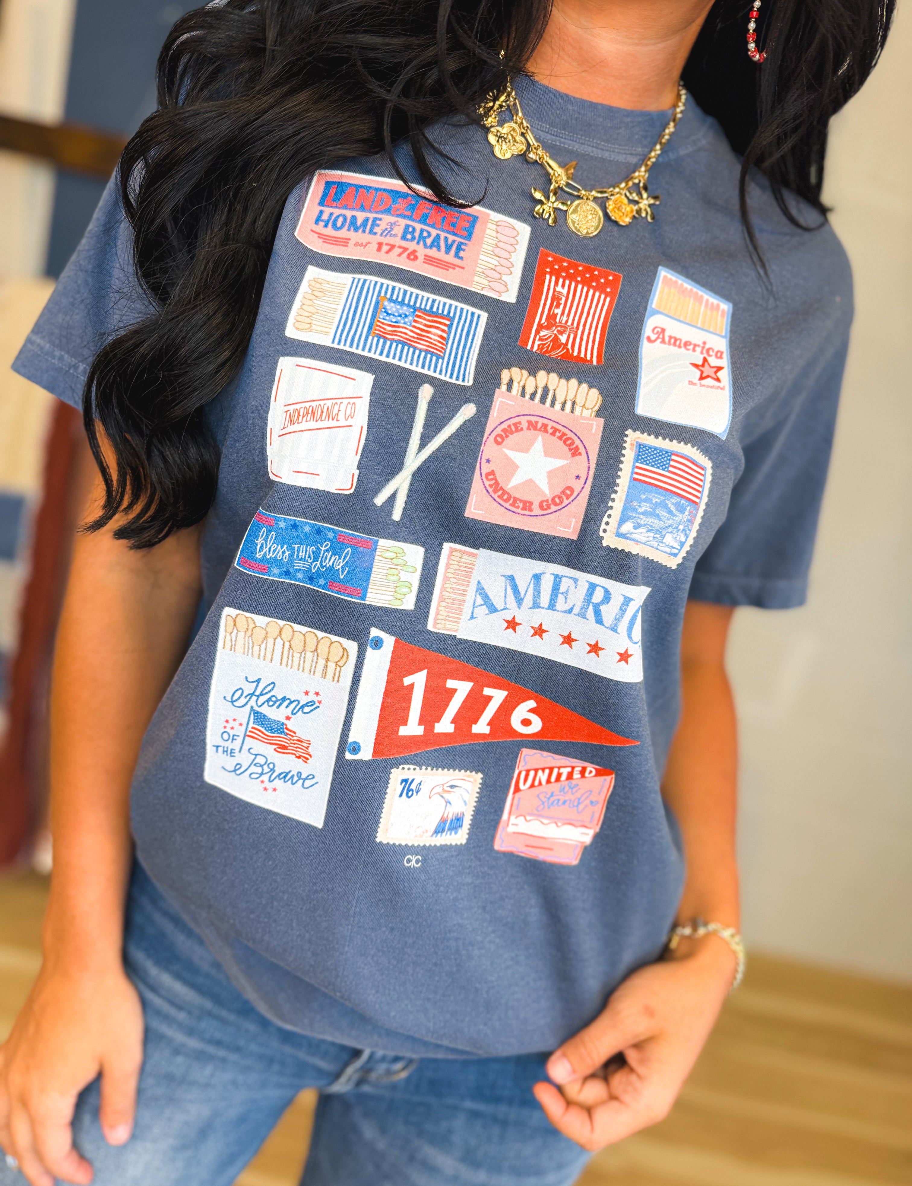 4th Of July Match Box Graphic Tee - Den Blue - Lace and Grace Boutique