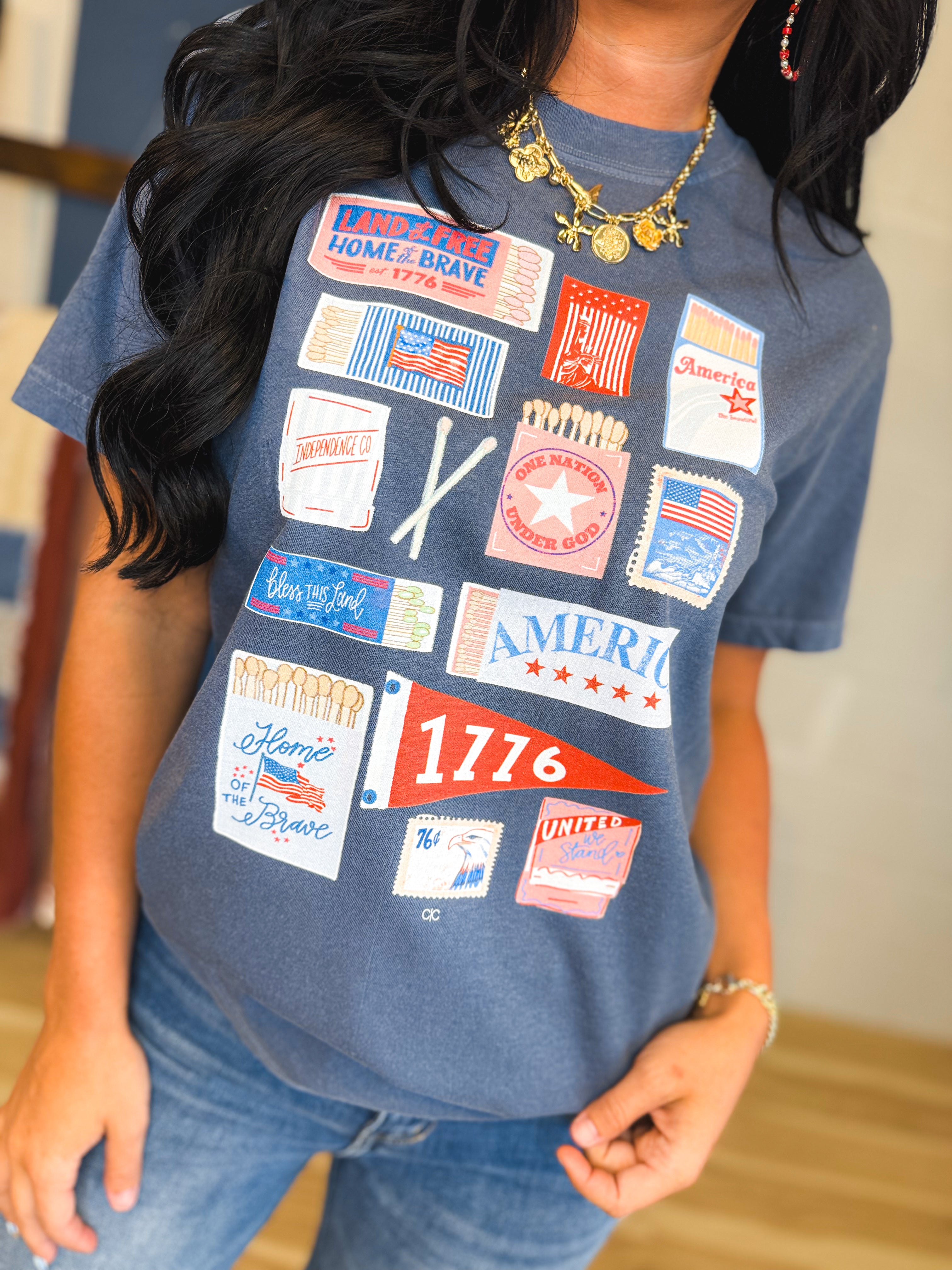 4th Of July Match Box Graphic Tee - Den Blue - Lace and Grace Boutique