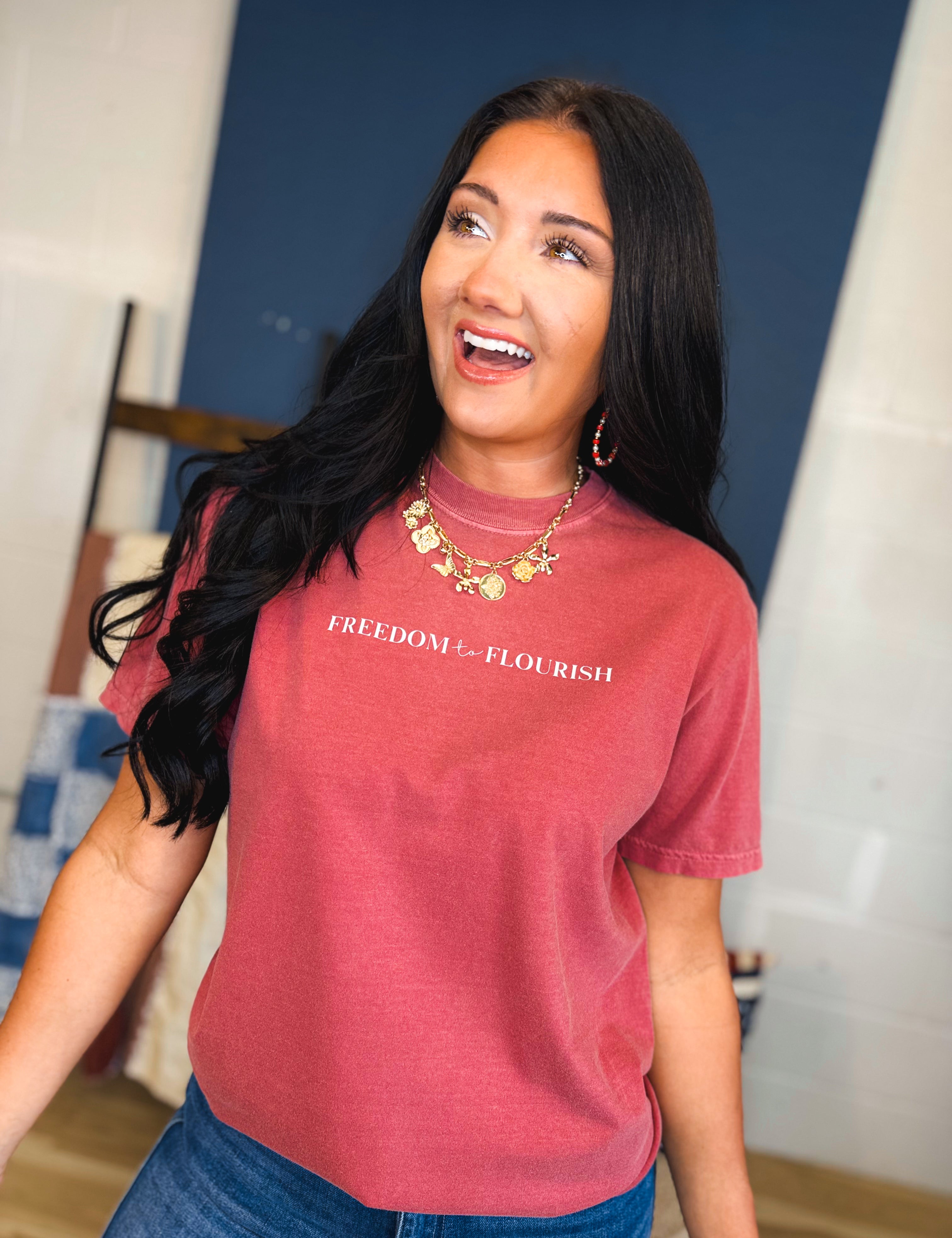 Blooming In The Land Of The Free Graphic Tee - Crimson - Lace and Grace Boutique