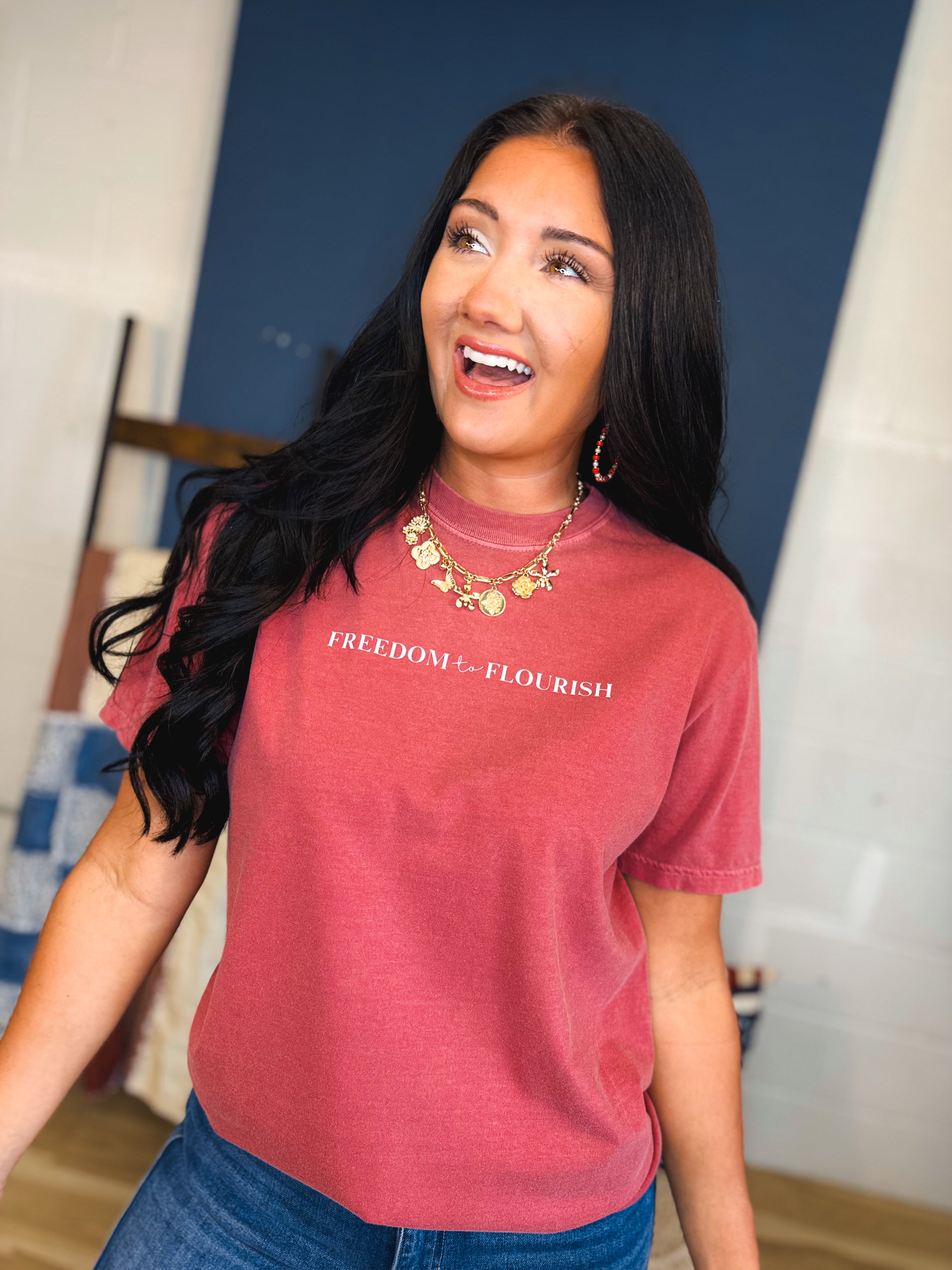 Blooming In The Land Of The Free Graphic Tee - Crimson - Lace and Grace Boutique