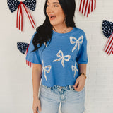 Bow Lace Embroidered Top - Blue